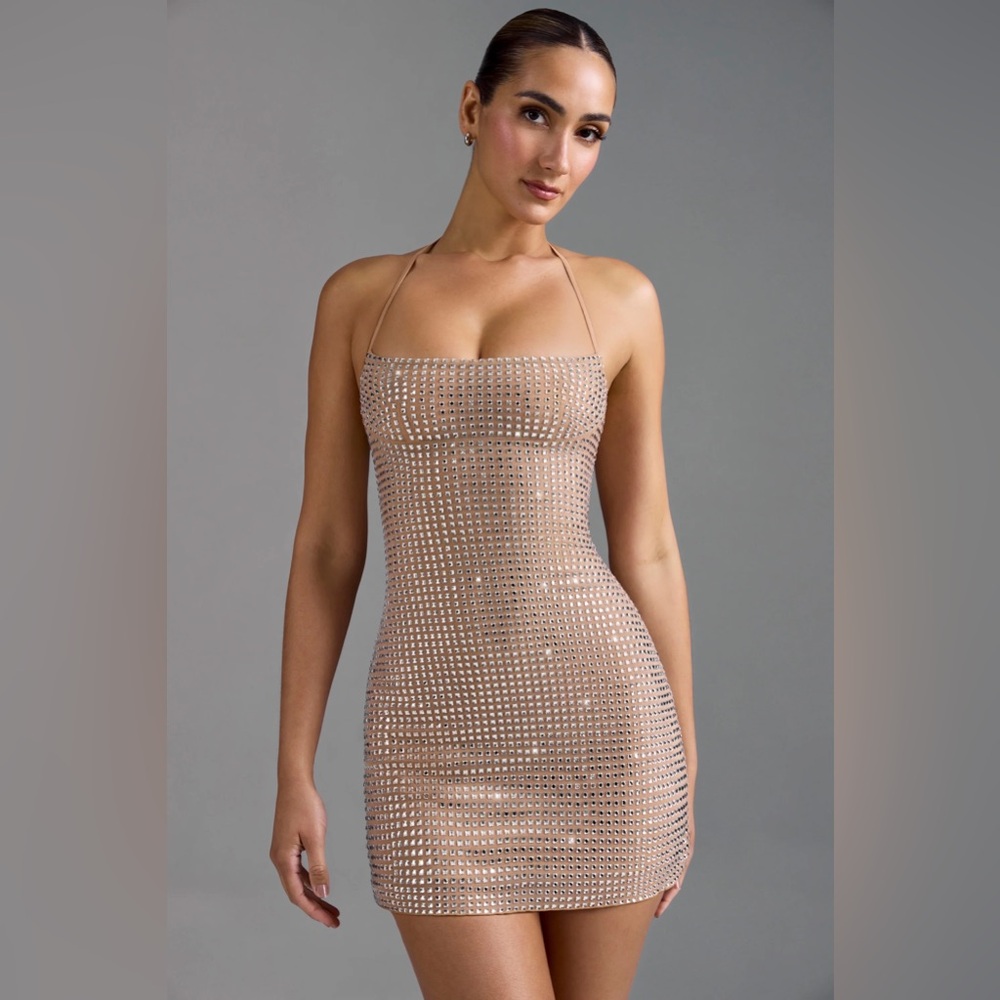 LASMA Embellished Halterneck A-Line Mini Dress in Almond